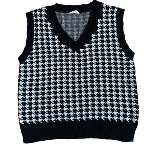 DOUBLE ZERO Houndstooth V Neck Knit Vest Sweater Black White Sleeveless S